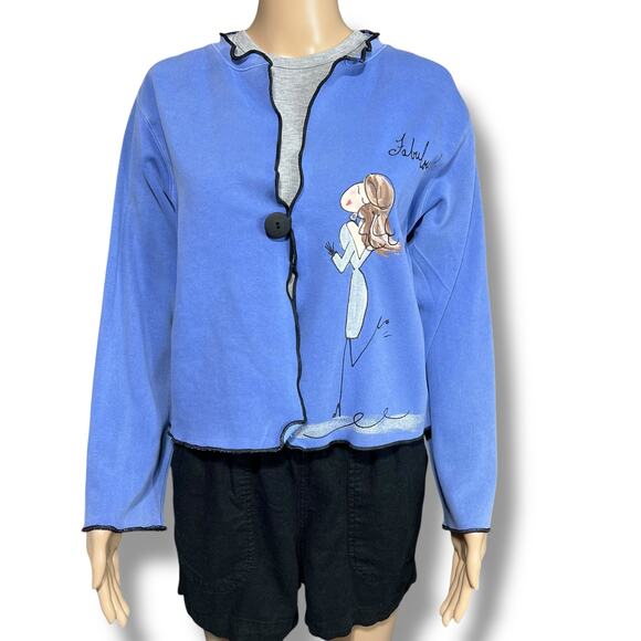 Vintage Stick Chics Womens Hand Painted Sweatshirt Button Closure Blue Medium - Picture 1 of 14
